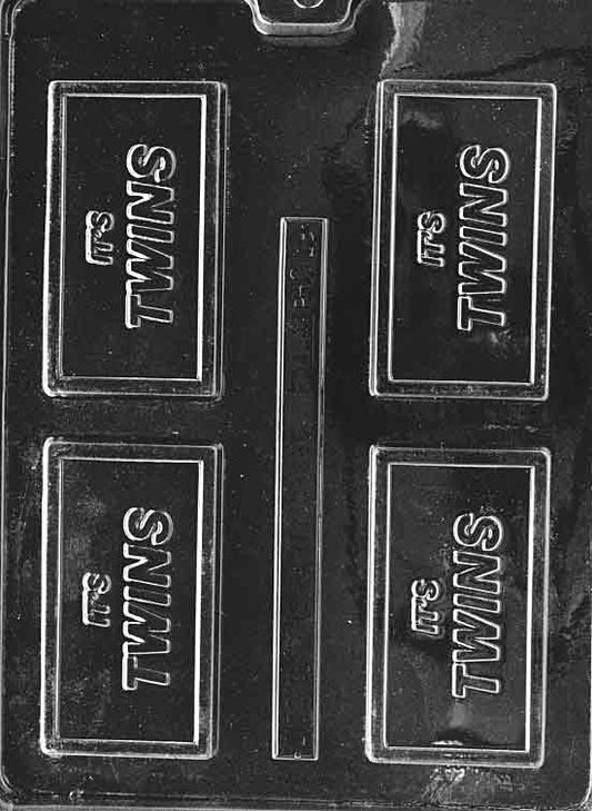 Clear card-size mold embossed “IT’S TWINS”; smooth rectangular plaque with border; photographed on white.