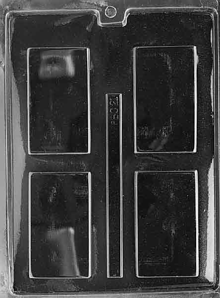 Clear plastic chocolate mold, business-card size rectangle with smooth face and narrow border; approx. 3.75 x 2.125 in, ~1.2 oz.