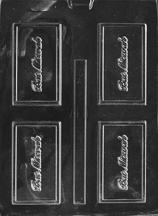 Clear business-card chocolate mold with raised “Bat Mitzvas” text; rectangular plaque and slim border; approx. 3.75 x 2.125 in.