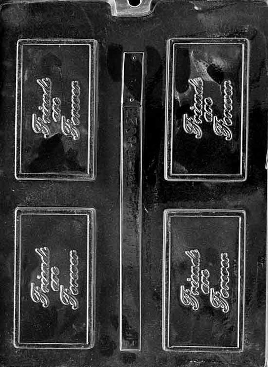 Clear business-card chocolate mold with “FRIENDS ARE FOREVER” text; flat face and slim border.
