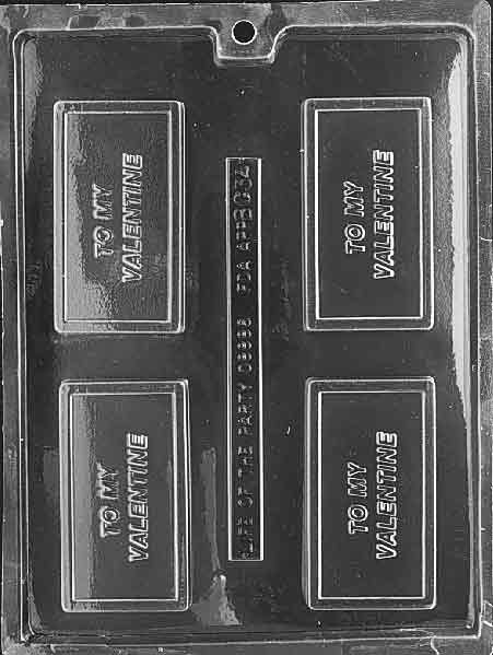 Clear business-card chocolate mold with raised “TO MY VALENTINE” text; smooth rectangular border.