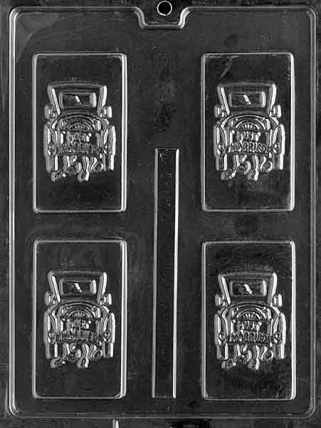 Clear rectangular chocolate mold with raised “JUST MARRIED” text; card-sized plaque; tidy border.