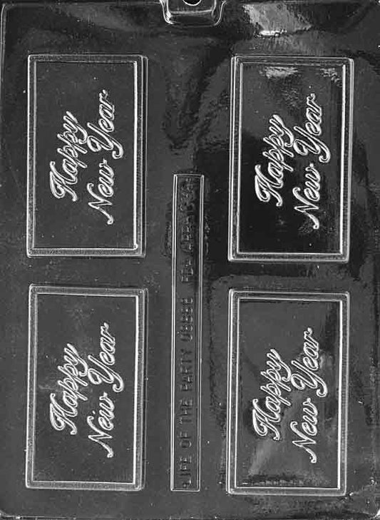 Clear business-card chocolate mold embossed “HAPPY NEW YEAR”; smooth rectangle with border; 3.75 x 2.125 in.