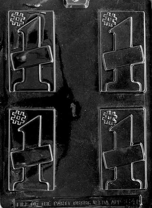 Clear business-card chocolate mold featuring a large raised “#1”; rectangular plaque with slim border; approx. 3.75 x 2.125 in.