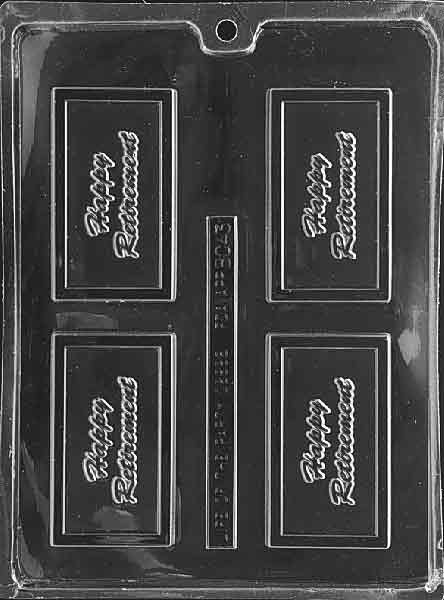 Card-size chocolate mold embossed “HAPPY RETIREMENT”; smooth plaque with tidy frame; approx. 3.75 x 2.125 in.