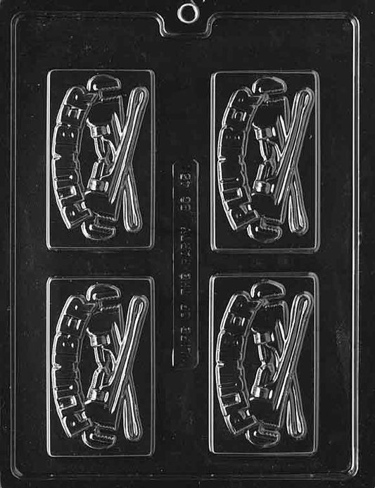 Thicker rectangular chocolate mold labeled “Plumber Business Card”; approx. 2.25 x 3.75 x 0.5 in; smooth border and flat face.