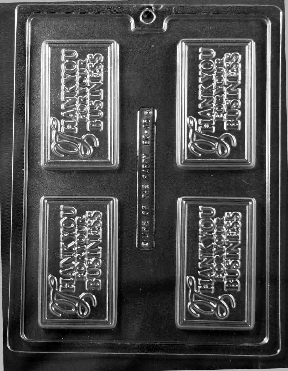 Clear business-card mold reading “THANK YOU FOR YOUR BUSINESS”; slightly heavier spec; smooth framed rectangle.