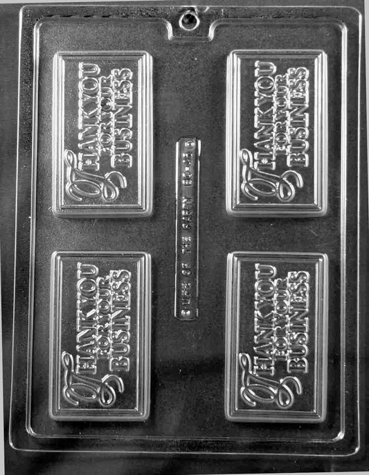 Clear business-card mold reading “THANK YOU FOR YOUR BUSINESS”; slightly heavier spec; smooth framed rectangle.
