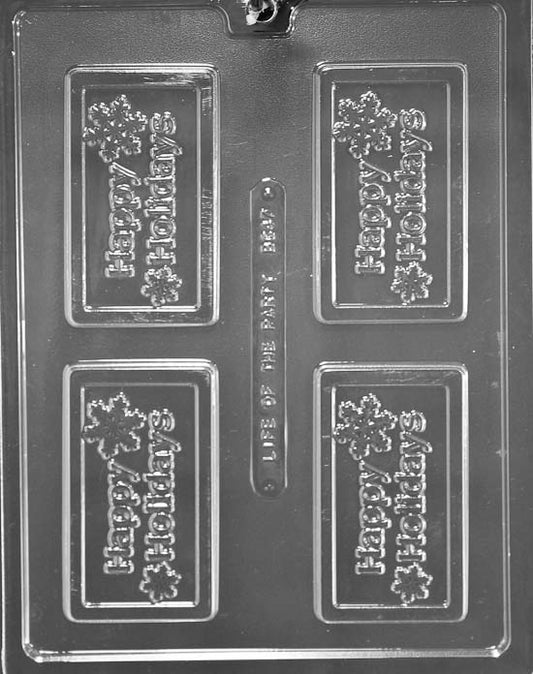 Clear rectangular chocolate mold with raised “HAPPY HOLIDAYS”; business-card proportions; tidy border.