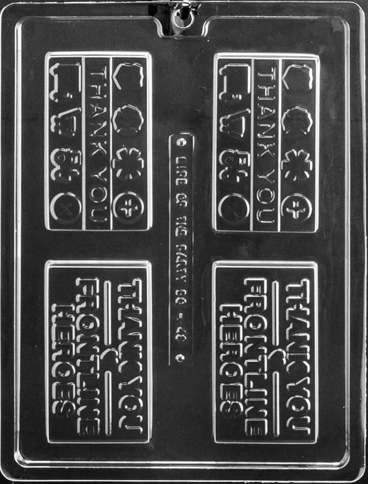 Clear business-card chocolate mold with raised text “THANK YOU FRONTLINE HEROES”; deeper 3/8" profile; smooth border.