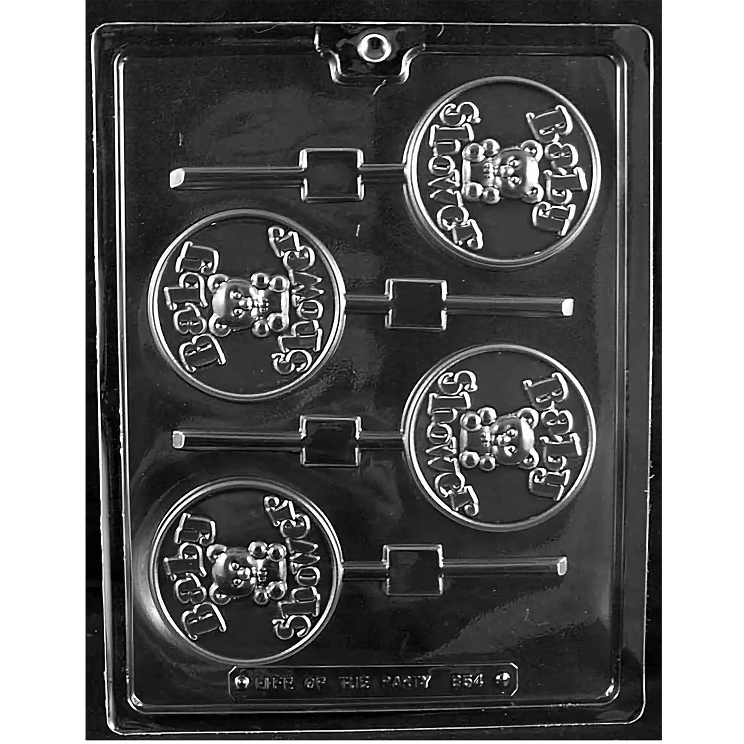 Clear plastic chocolate lollipop mold with four round cavities, each featuring raised “BABY SHOWER” lettering around a small teddy bear in the center and an attached lollipop stick channel.