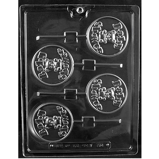 Clear plastic chocolate lollipop mold with four round cavities, each featuring raised “BABY SHOWER” lettering around a small teddy bear in the center and an attached lollipop stick channel.