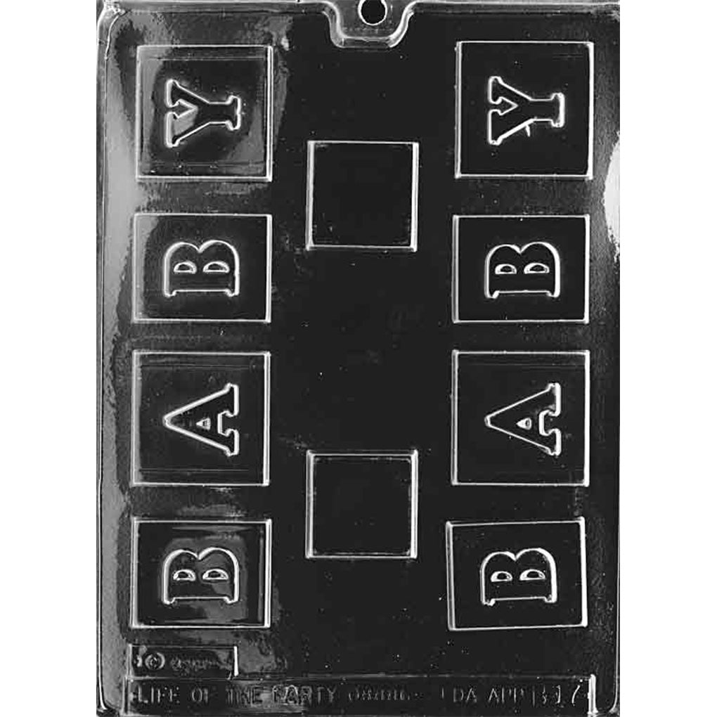 Clear plastic chocolate mold photographed on a black background with square block cavities, including raised letters B, A, B, and Y for spelling “BABY,” plus additional blank square cavities.