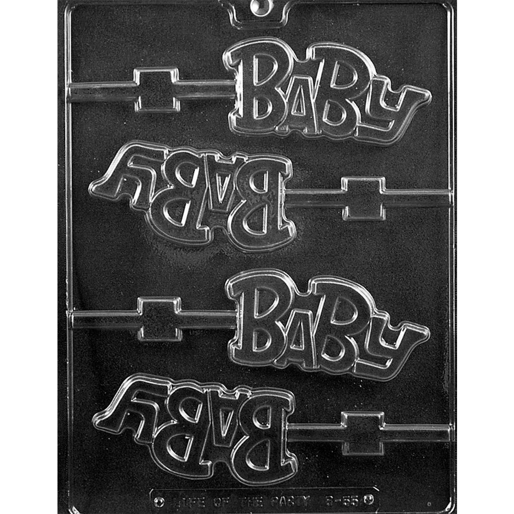 Clear plastic chocolate lollipop mold with four cavities spelling "Baby" and built-in stick channels.