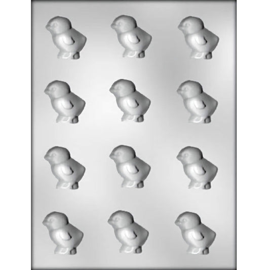 Image showing a grayscale photo of a chocolate mold with twelve cavities shaped like baby chicks, arranged in four rows, highlighting their detailed features suitable for crafting bite-sized chocolate treats.