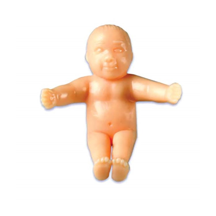 Miniature king cake plastic baby figure for Mardi Gras cupcake decoration, perfect for festive baby-themed parties and baking accessories.