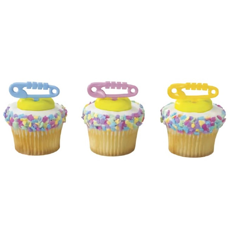 Colorful baby diaper pins cupcake picks, available in blue, pink, and yellow, ideal for baby shower decorations and baking accessories.