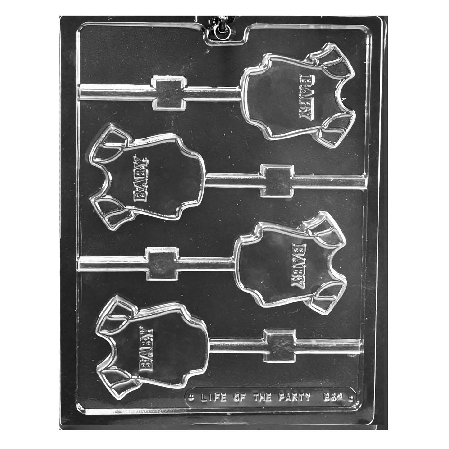 Chocolate mold featuring four baby onesie-shaped cavities with 'BABY' embossed at the center, designed for creating adorable baby onesie-shaped suckers.