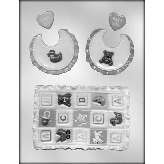 Baby-themed chocolate mold set featuring a quilt pattern with assorted baby icons and two bib-shaped molds with 'Baby' and 'Baby Girl' heart motifs.