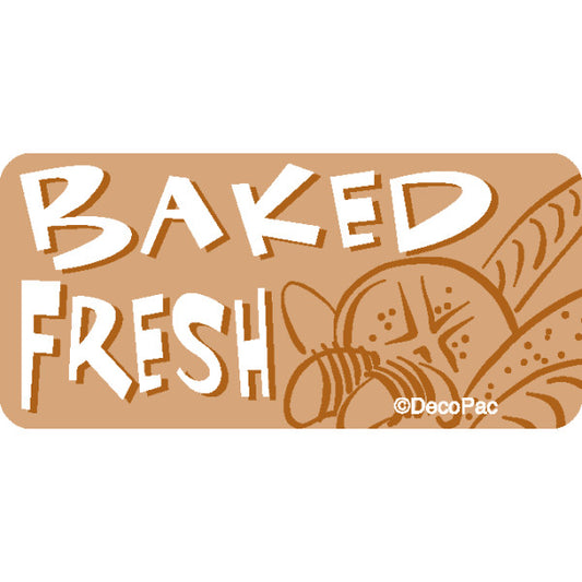 Tan rectangular label with the words "Baked Fresh" in white lettering and illustrated bread loaves in the background.