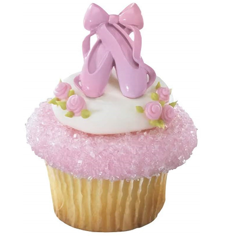 Delicate ballet slipper cupcake ring with a shimmering iridescent finish, adorned with tiny pink roses, perfect for dance recitals or ballet-themed birthday parties.