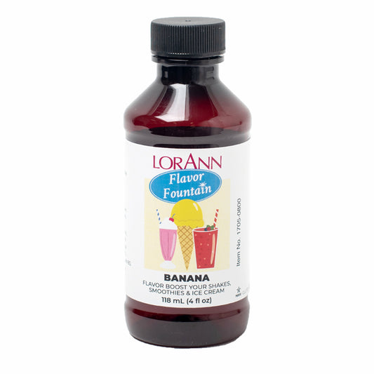 Bottle of LorAnn Banana Flavor Fountain with label featuring milkshakes and ice cream cone, used for flavoring smoothies, ice cream, and frozen drinks