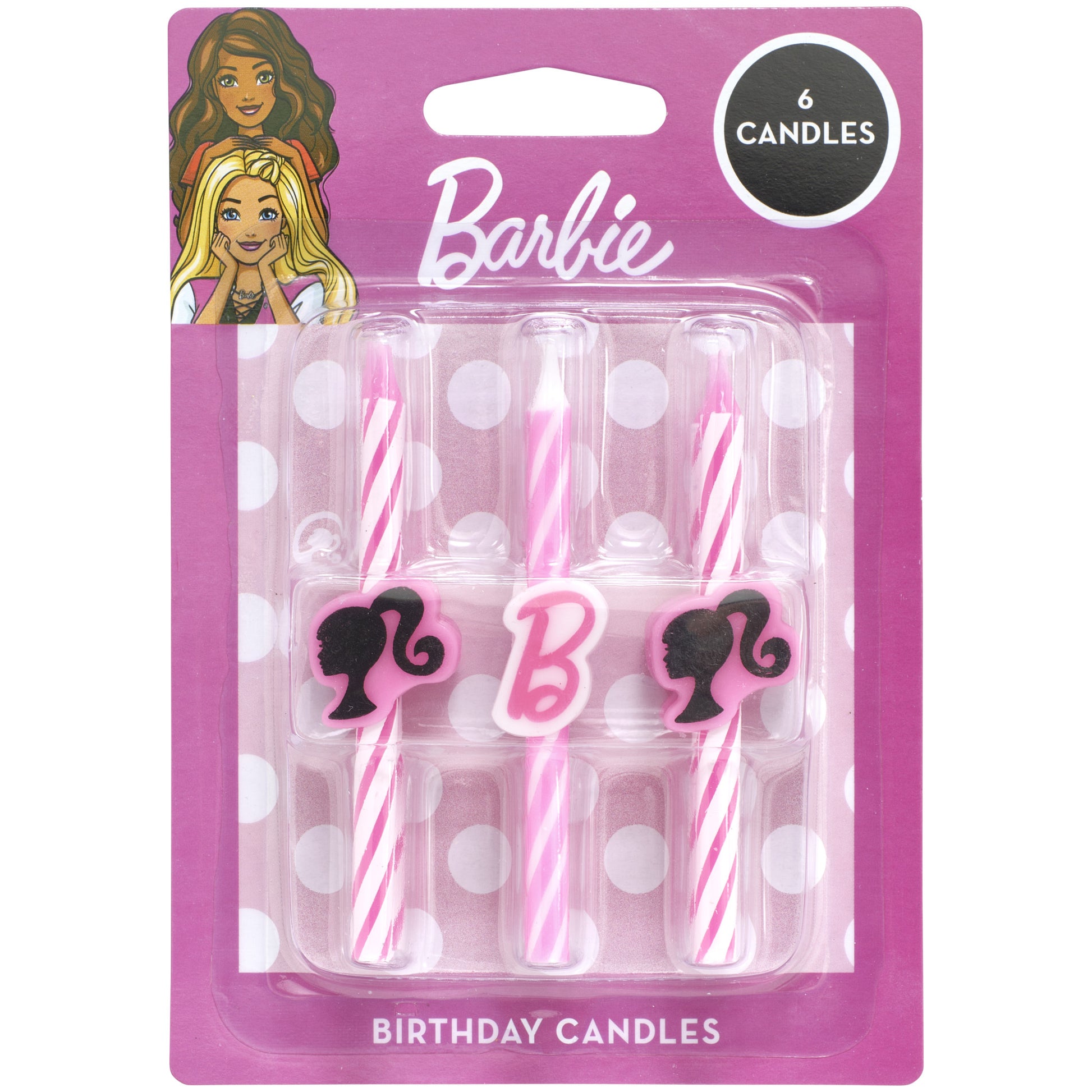 Barbie birthday candle package containing six pink candles with striped designs, black Barbie silhouette accents, and white-and-pink “B” decorations.