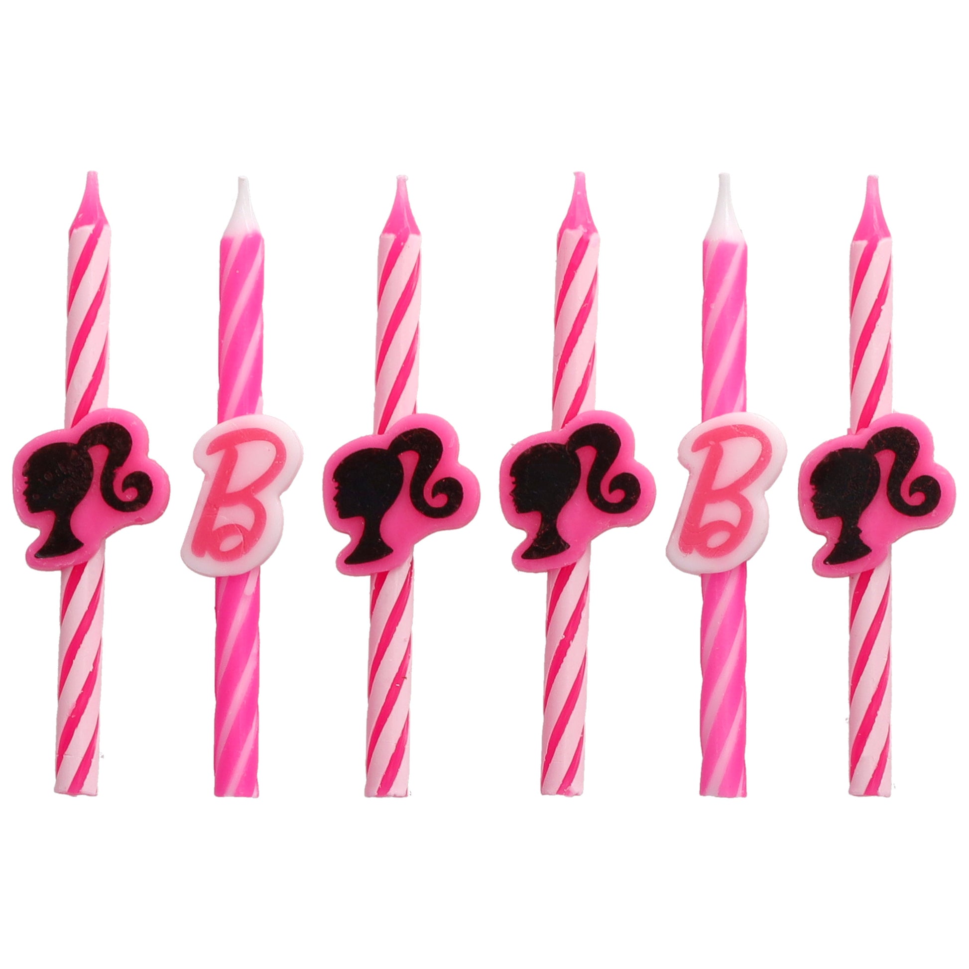 Six Barbie birthday candles arranged in a row, featuring pink and white stripes with alternating black Barbie silhouette and pink “B” decorations.