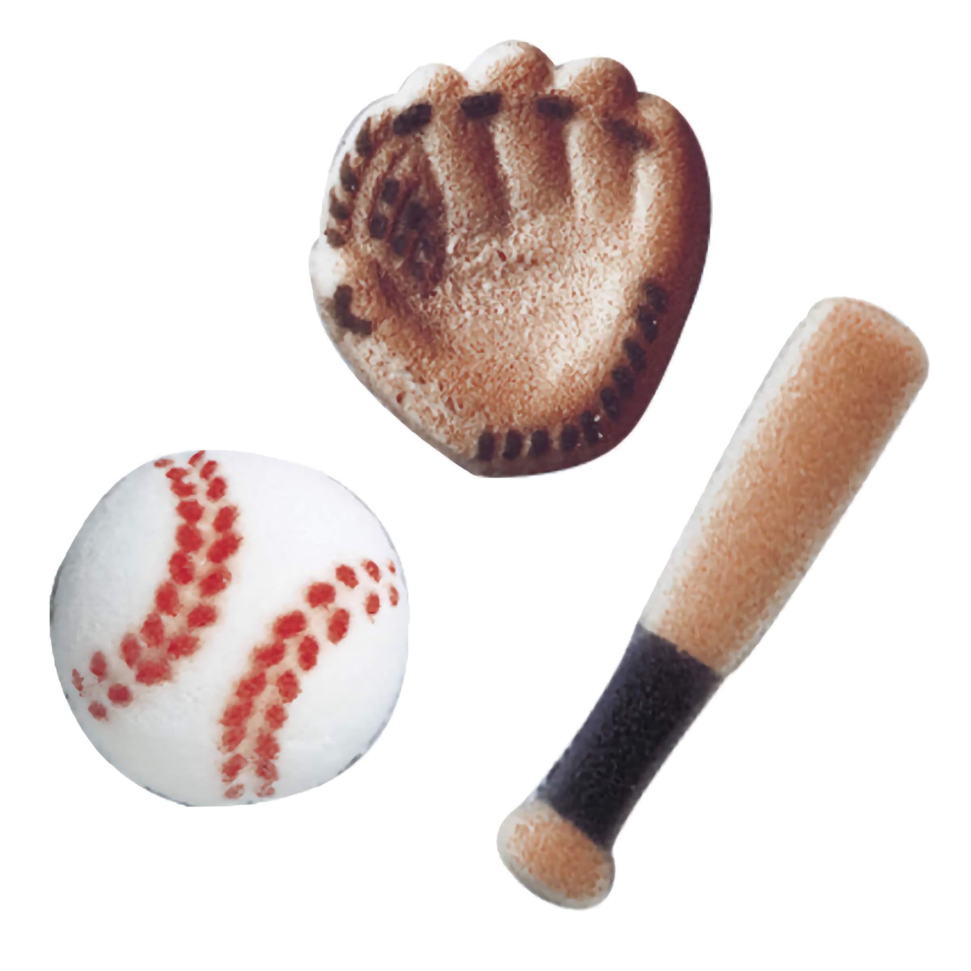 Set of pressed sugar cake decorations for baseball enthusiasts, featuring a detailed baseball glove, a baseball with red stitching, and a brown baseball bat.
