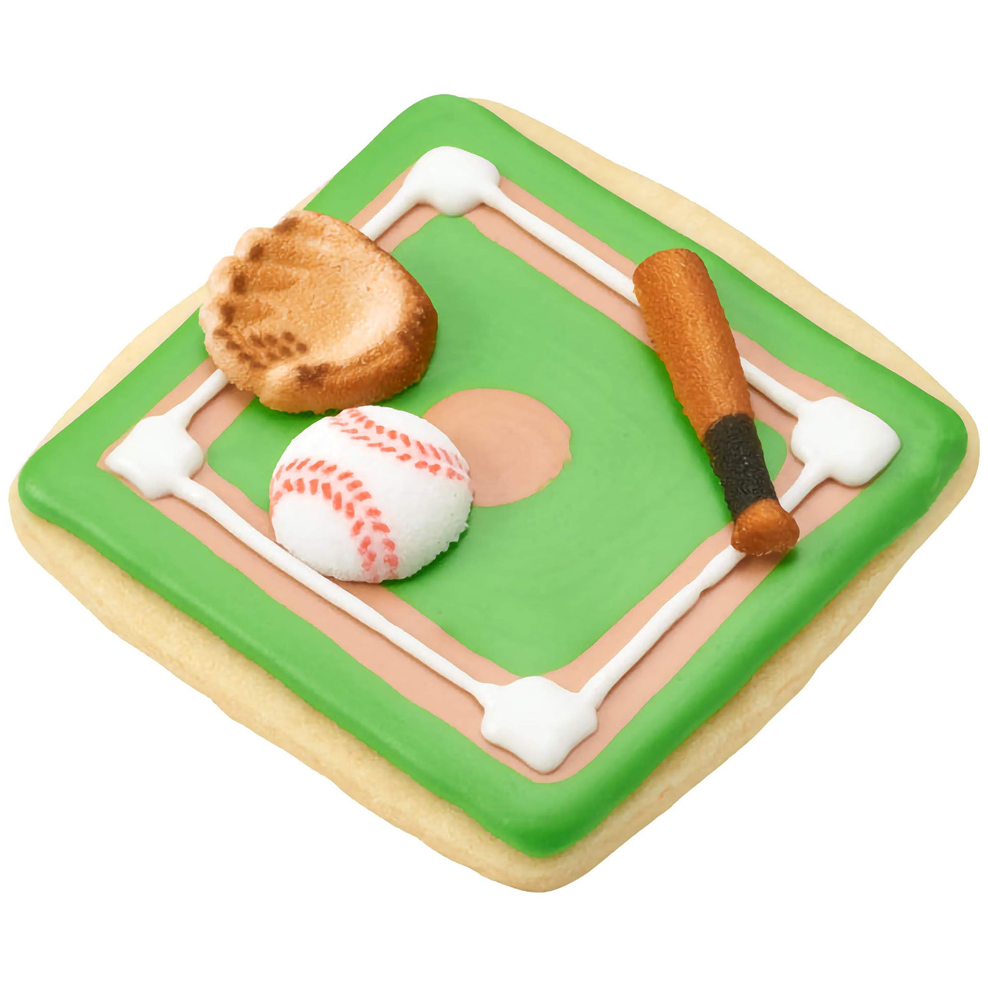 Green frosted cookie decorated with baseball-themed pressed sugar pieces including a baseball glove, ball, and bat, arranged on a mini baseball field design.