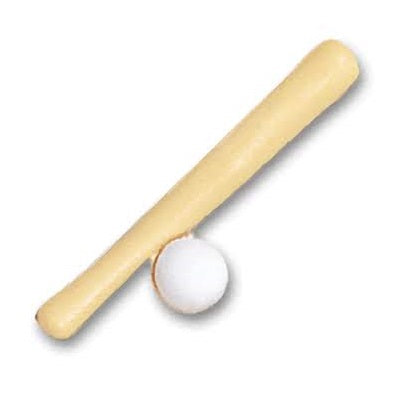 Baseball bat and ball cupcake topper, featuring a miniature white ball with red stitching and a yellow bat, perfect for sports-themed parties and baseball fan celebrations.