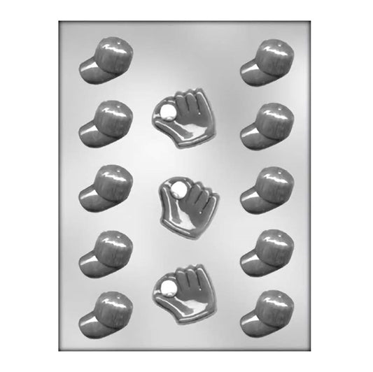 A detailed chocolate mold featuring a collection of baseball caps and gloves, capturing the texture of the stitching and the curve of the cap brim, as well as the padding and webbing of the gloves, ideal for baseball team events, party favors, or sports celebrations.