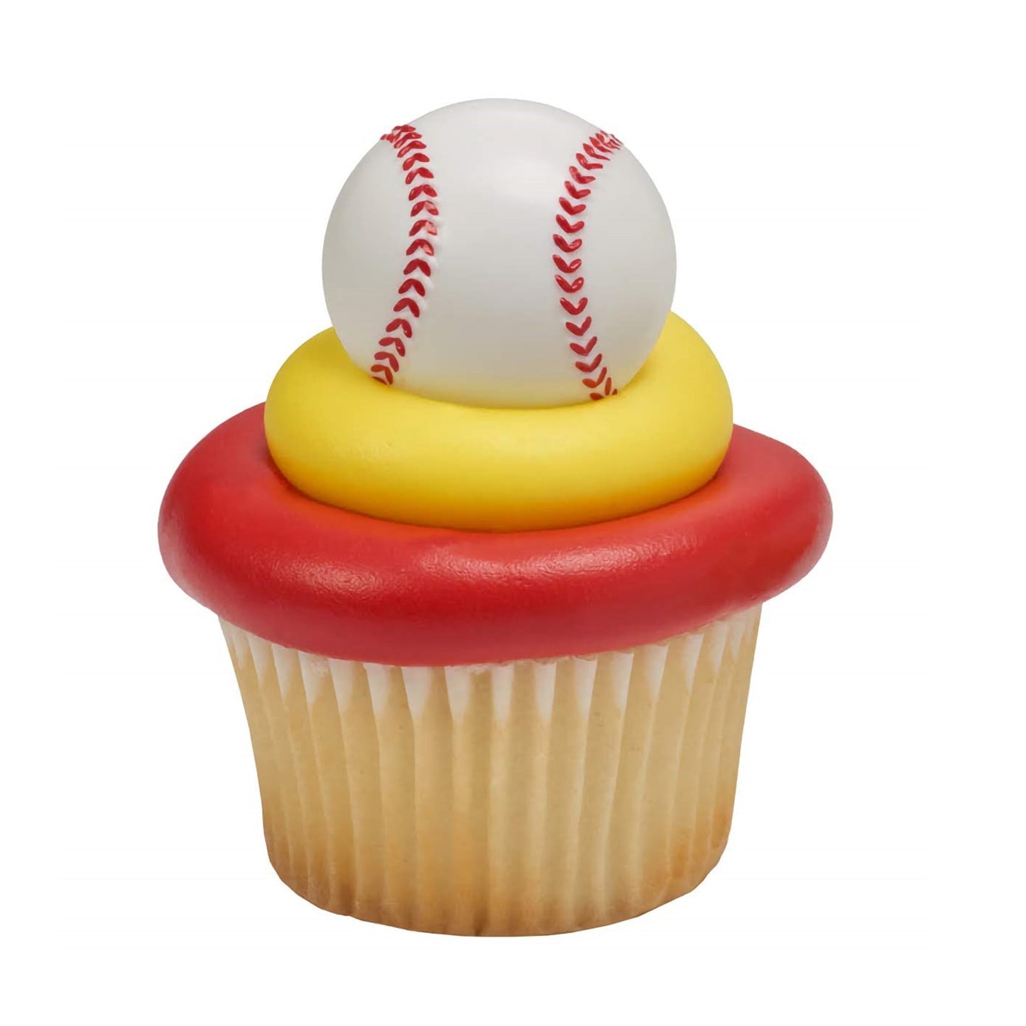 Pack of six baseball cupcake rings, each showcasing a classic white baseball with red seams, perfect for baseball game watch parties, team events, or sports-themed birthday parties.