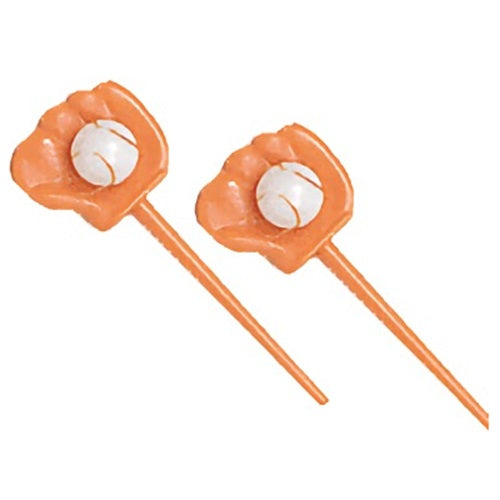 A set of 12 cupcake picks with orange baseball gloves holding white baseballs, ideal for decorating cupcakes for baseball-themed parties, team celebrations, and sports event catering.