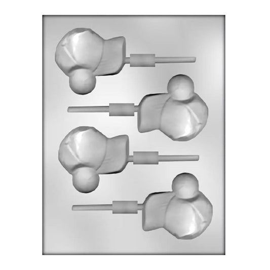 A chocolate lollipop mold presenting a three-dimensional representation of baseball hats and gloves on sticks, showcasing intricate stitching and texture details, suitable for baseball-themed gatherings and fan gifts.