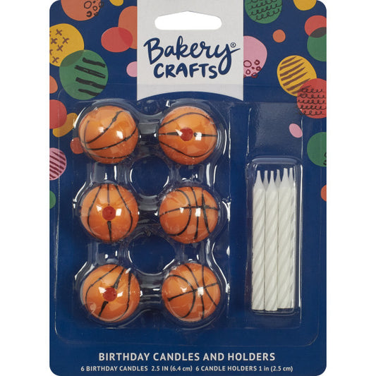 Retail package of Bakery Crafts Basketball Wax Candle Holders with 6 holders and 6 white spiral candles