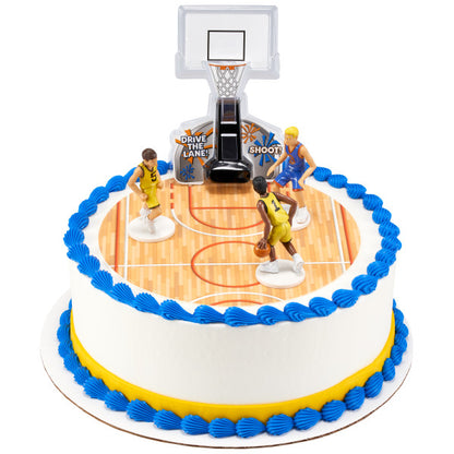 Round basketball cake featuring player figurines and a detailed backboard set with court-themed icing.