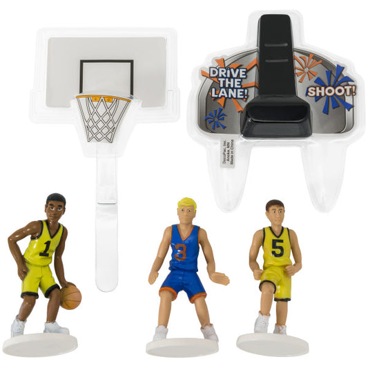 Close-up of the 5-piece basketball DecoSet including three player figurines and a two-part backboard topper.