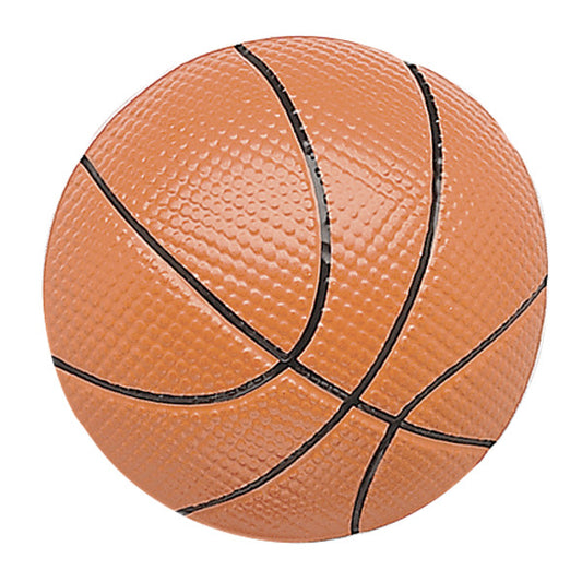 Realistic basketball cake topper with orange pebbled texture and black channel lines, measuring 4.9 x 4.85 x 1.55 inches.