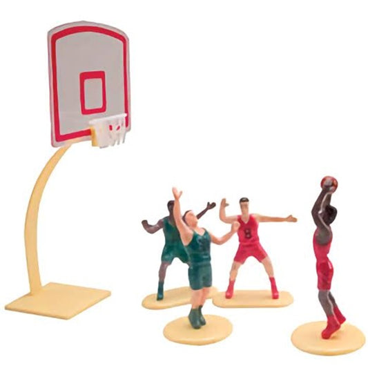 Basketball cake decorating kit with a hoop, and player figures in action poses, capturing the excitement of a basketball game, great for fans and themed events.