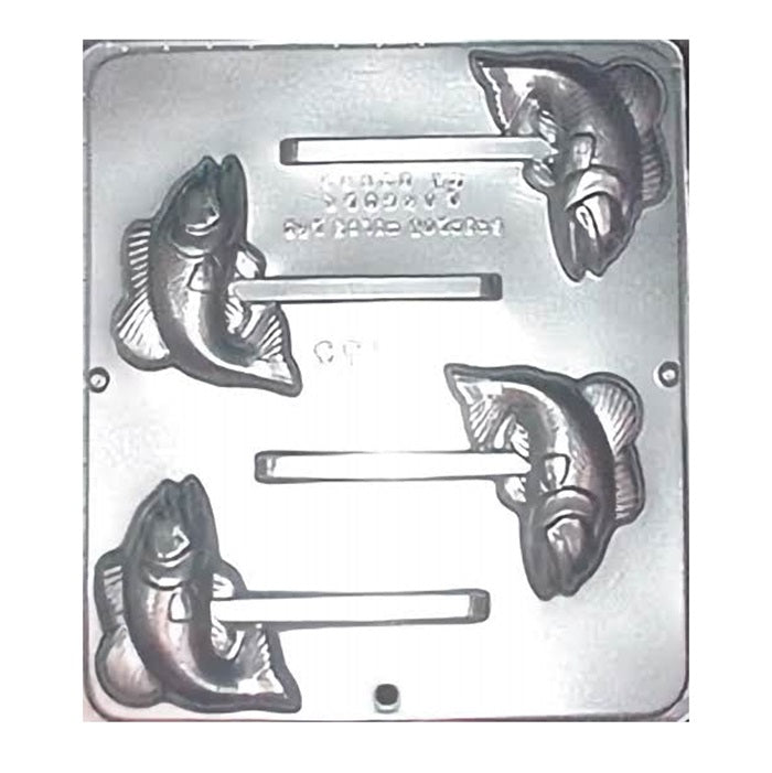 The image shows a chocolate mold designed to create bass fish-shaped lollipops. There are four cavities in the mold, each intricately detailed to resemble a bass fish with fins and scales, adding a realistic touch. The cavities are paired with long sticks for the lollipops, and the mold appears to be made of durable material suitable for crafting detailed confectioneries.