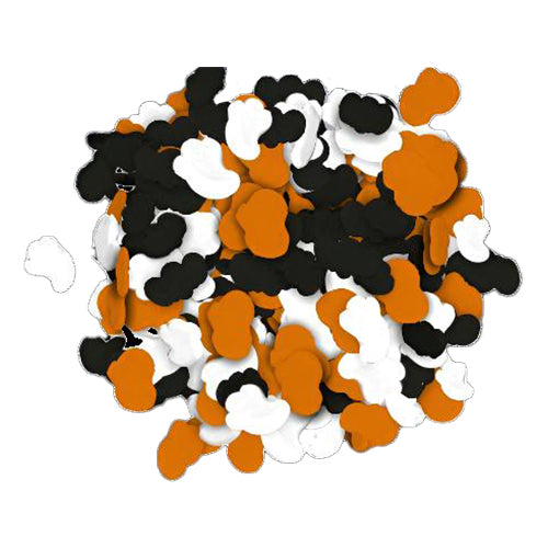 Pile of Halloween quin sprinkles featuring bright orange pumpkins, white ghosts, and black bats in small flat shapes against a white background.