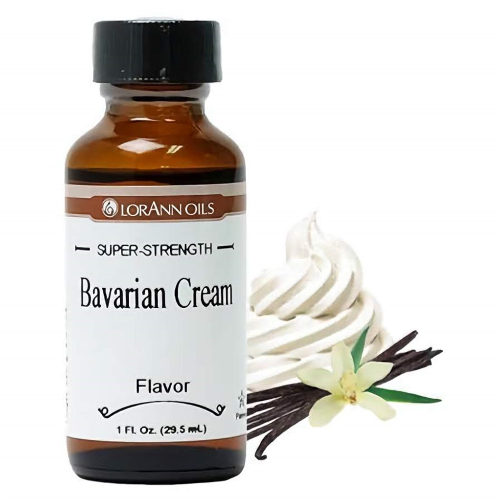 A 1 fl oz bottle of LorAnn Oils Super Strength Bavarian Cream Flavor, complemented by a swirl of creamy frosting and a vanilla flower, reflecting the rich and smooth taste.