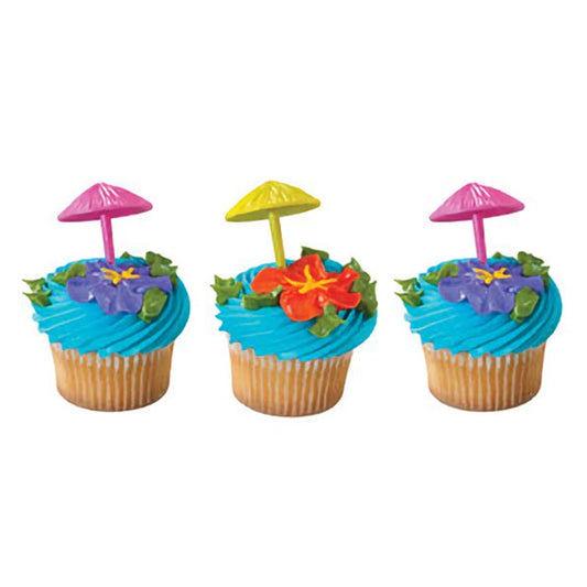 Beach umbrella cupcake topper picks in shades of pink and yellow, adding a touch of summer fun to any cupcake or dessert presentation.