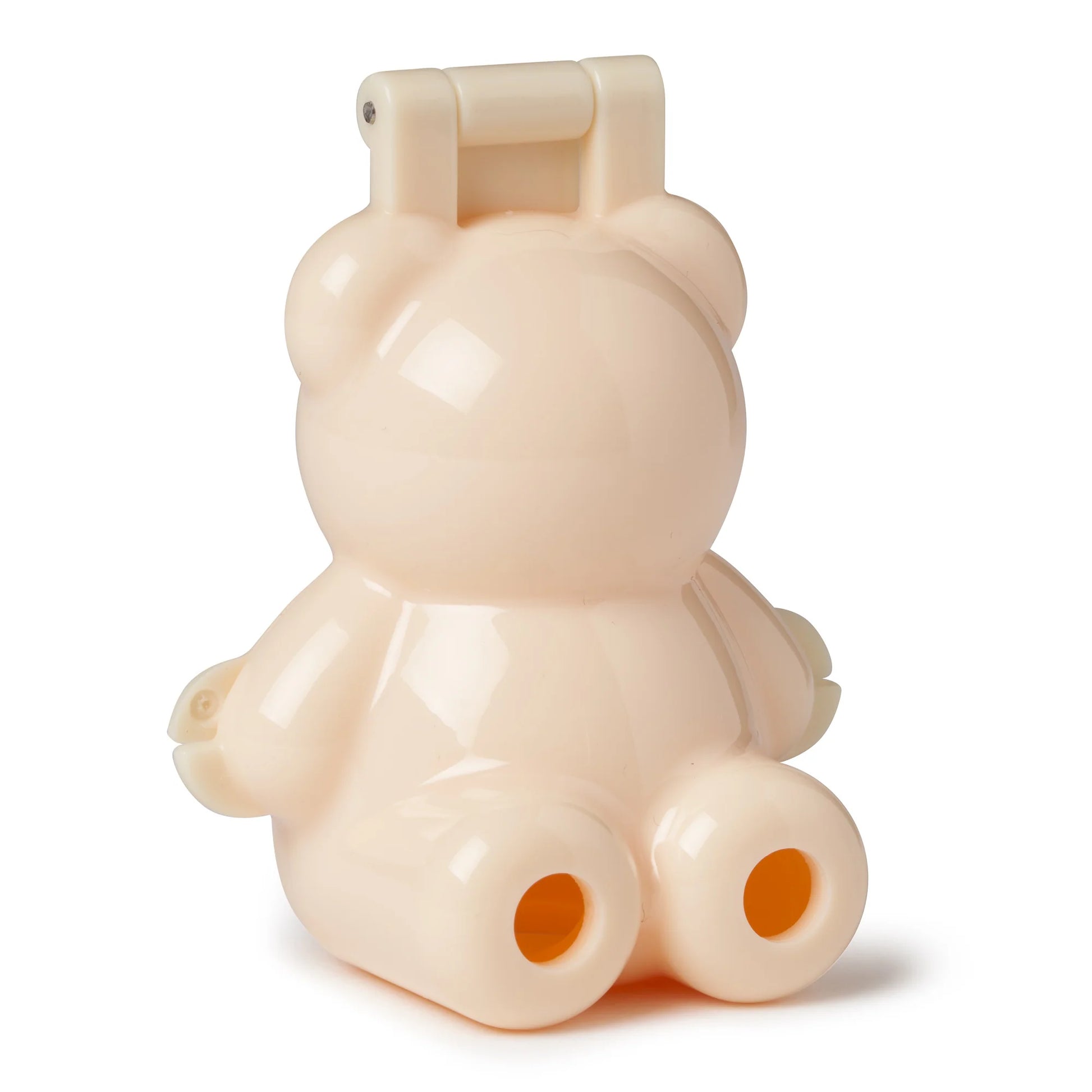 Closed 3D bear-shaped cake pop mold made of glossy beige ABS plastic with rounded ears and two holes at the bottom for stick placement.