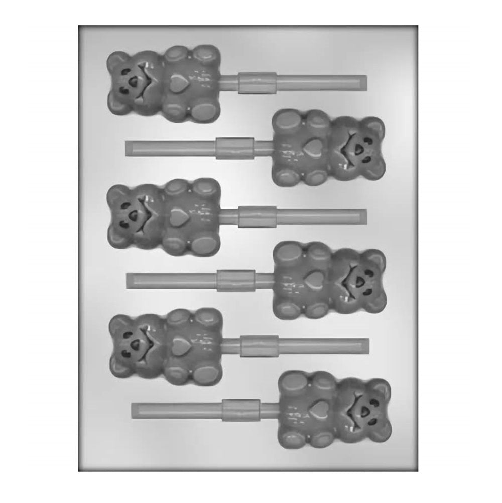 Chocolate mold featuring bear shapes holding hearts, designed for creating bear-themed lollipop treats, perfect for Valentine's Day or love-related occasions.