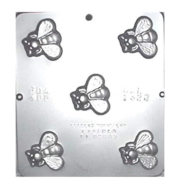 Plastic chocolate mold with four cavities shaped like bees with detailed wings and bodies, suitable for making bee-shaped chocolates or candies.