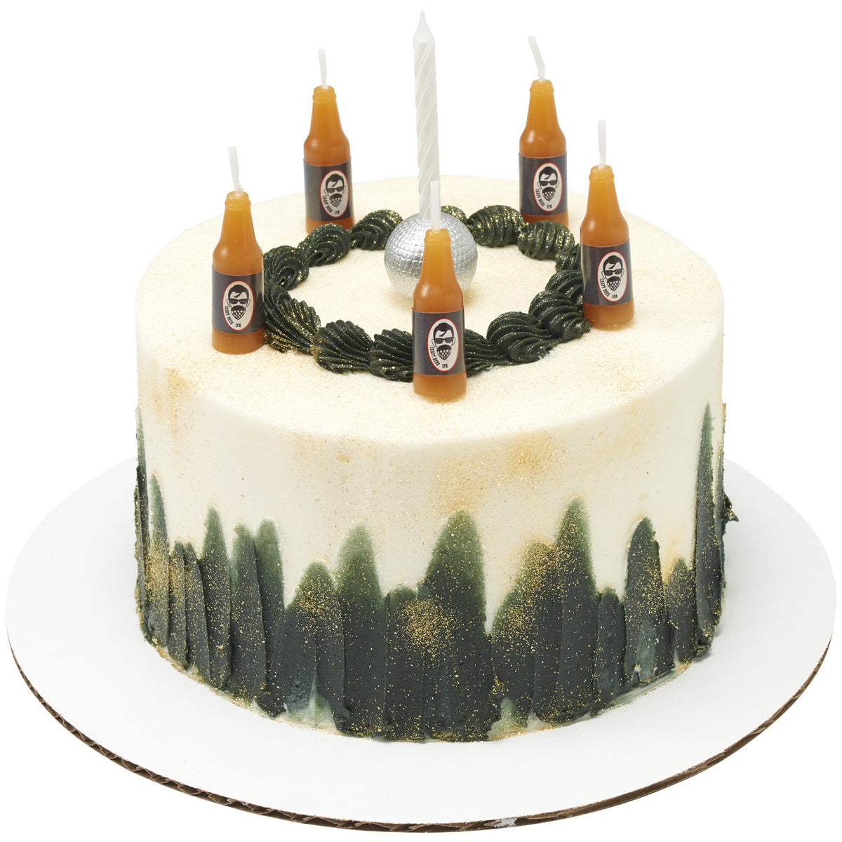 Round celebration cake decorated with five amber beer bottle birthday candles, dark green piped frosting, gold accents, and a tall center candle.