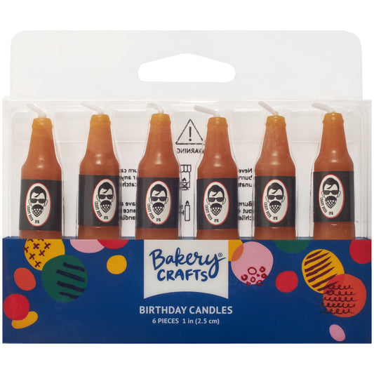 Package of six Beer Bottle Birthday Candles featuring miniature amber bottle shapes with black labels and white wicks in Bakery Crafts packaging.