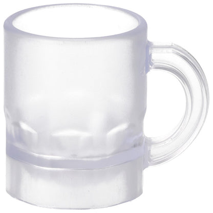 Clear beer mug cake topper layon with a rounded cylindrical shape and a thick handle, shown on a white background with a frosted, translucent look.